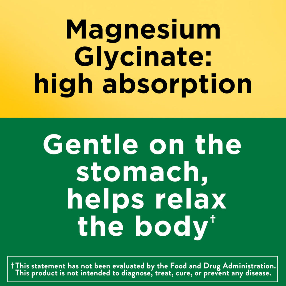 Nature Made Magnesium Glycinate label close-up—gluten-free and flavor-free.