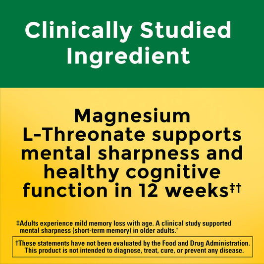Close-up of Nature Made capsules showing magnesium L-Threonate formula