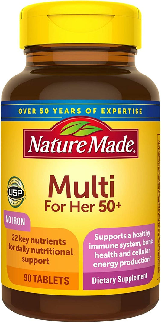 Nature Made Multi for Her 50+ bottle back shows ingredient details for informed choosing