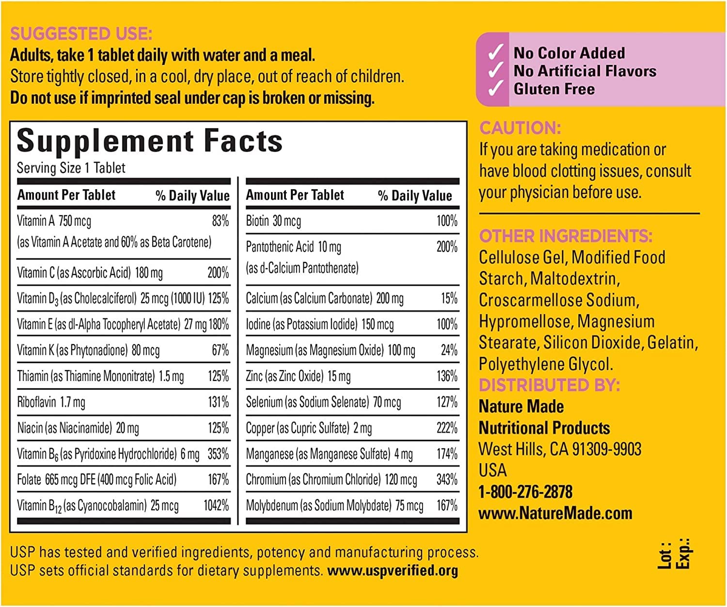 Nature Made Multi for Her 50+ tablet closeup illustrates a standard daily dose