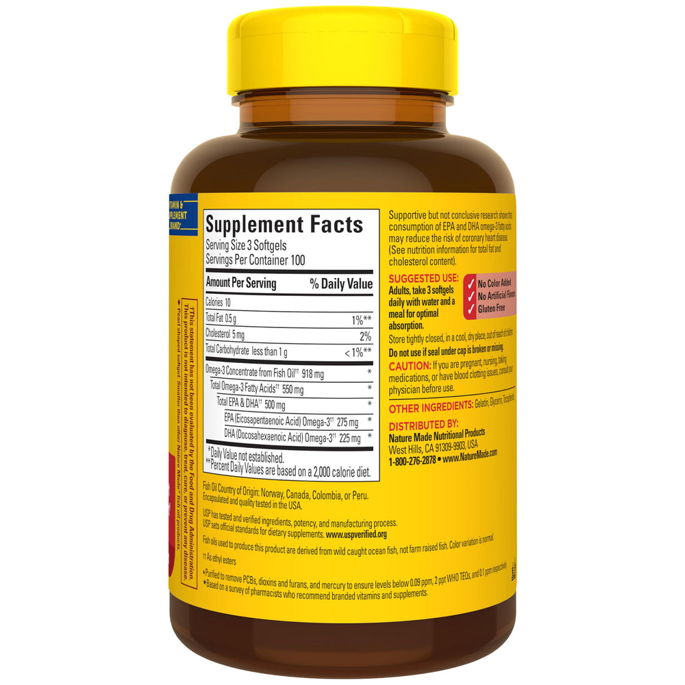 Nature Made Omega-3 serving guide showing three softgels with a meal