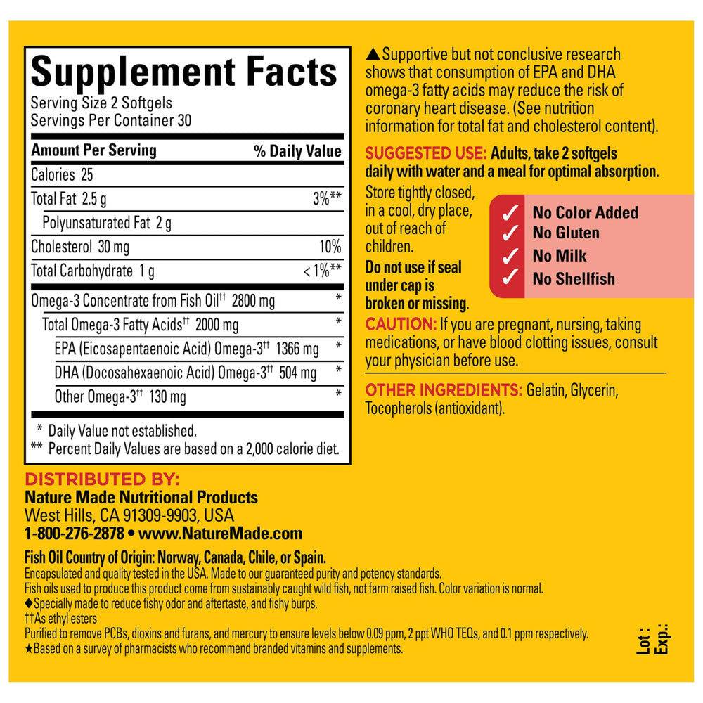 Nature Made Omega-3 bottle close-up with clear nutrition details.