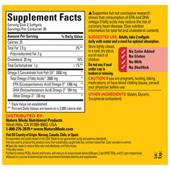 Nature Made Omega-3 bottle close-up with clear nutrition details.