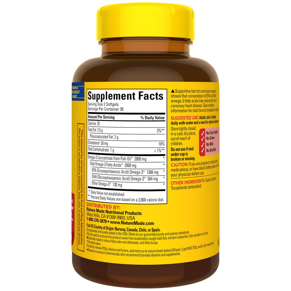 Nature Made Omega-3 daily-use instructions showing two softgels per day.