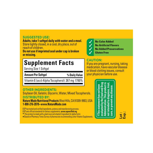 Nature Made Plant Sourced Vitamin E softgels close-up – easy-to-swallow daily supplement.