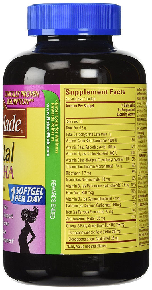 Nature Made Prenatal Multi DHA 2-pack bottle back reveals label and dosage.