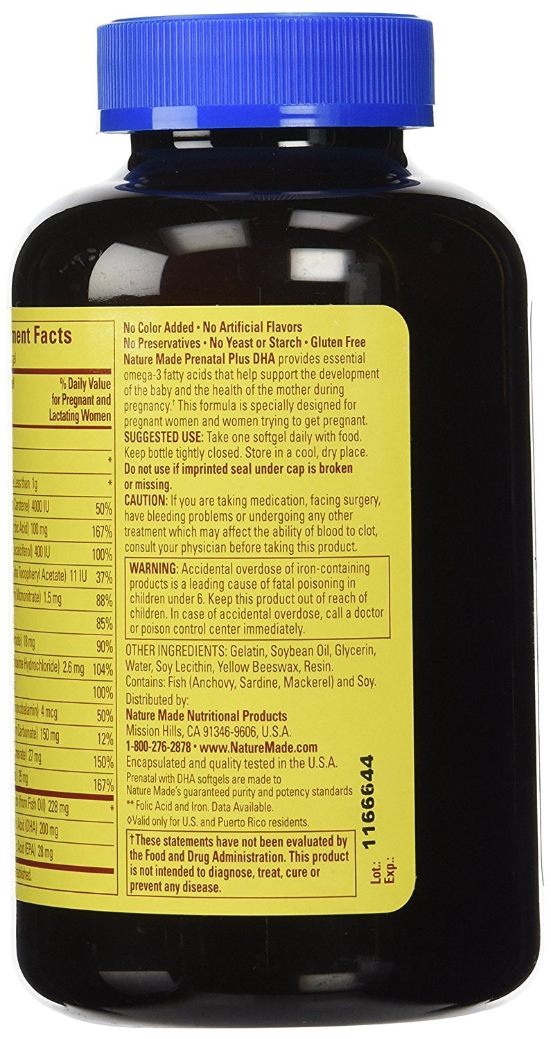 Nature Made Prenatal Multi DHA softgels close-up highlights convenient daily DHA.