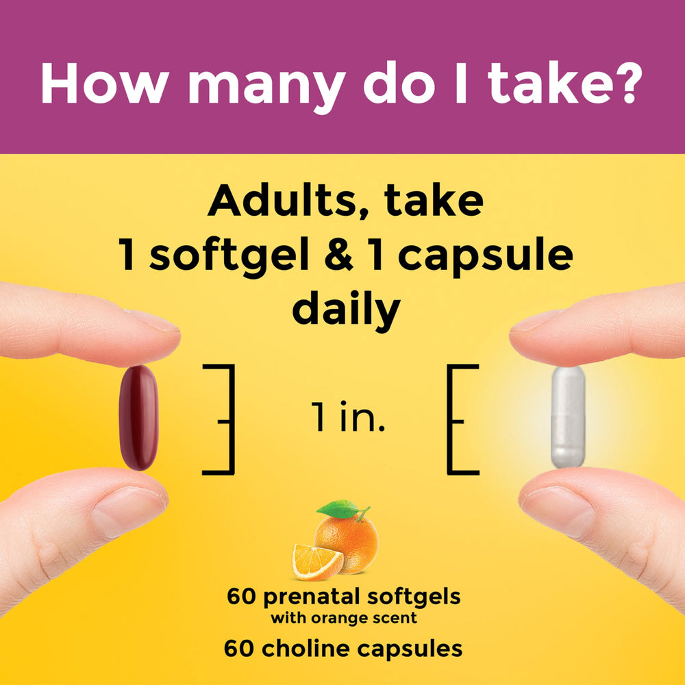 Nature Made Prenatal orange-scent softgels for daily routine