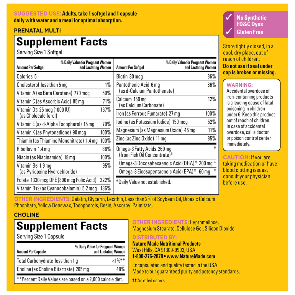 Nature Made Prenatal softgel and choline pack for complete daily nutrients