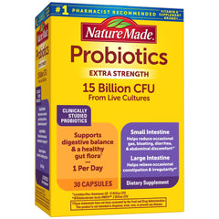 Nature Made Probiotics bottle with capsules for extra strength gut support
