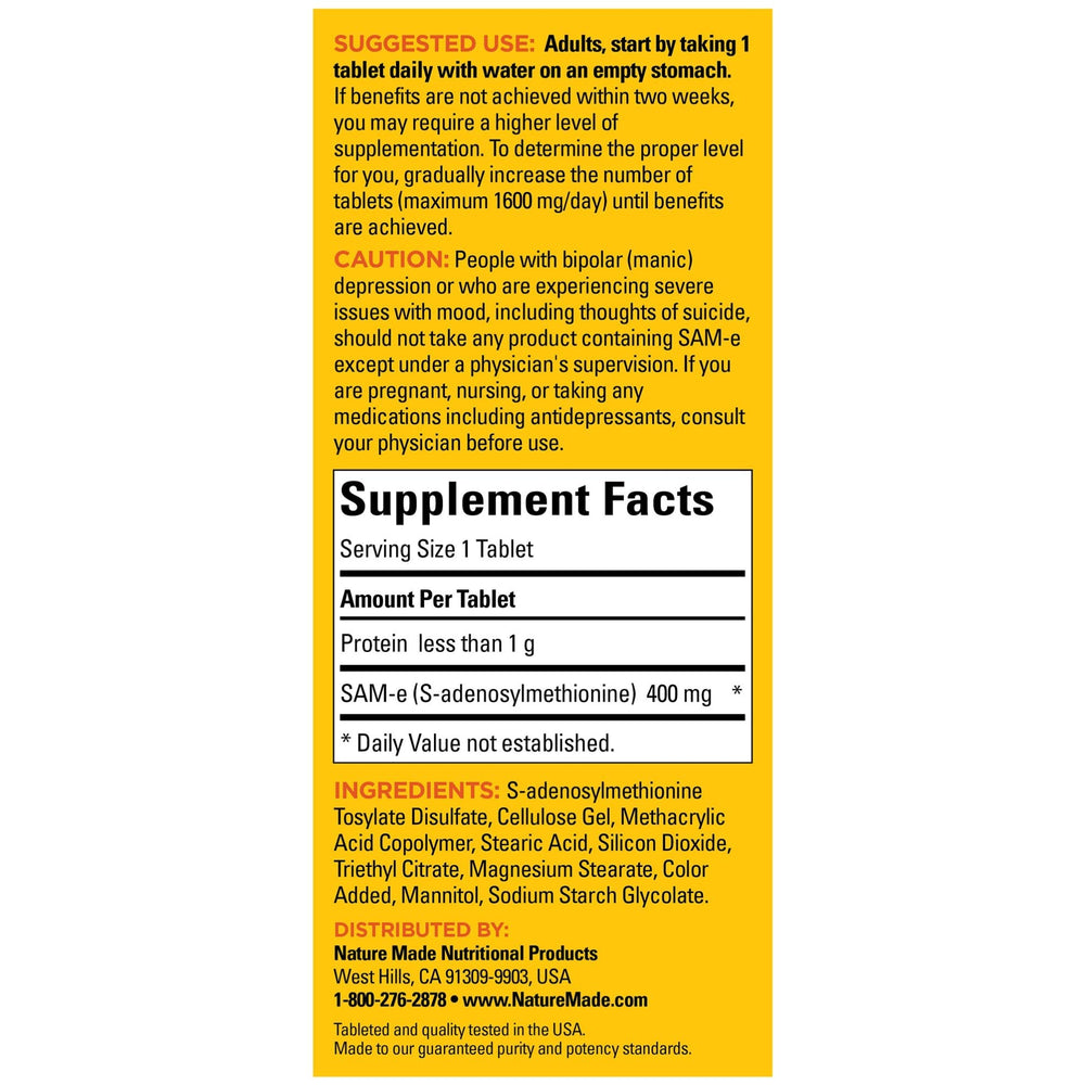 Nature Made SAM-e Complete 400mg label detail showing ingredients and guidance