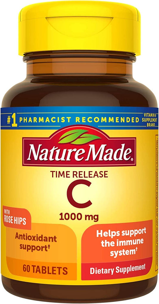 Nature Made Time-Release Vitamin C with Rose Hips three-pack highlights value and convenience.