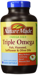 Nature Made triple omega 3 6 9 bottle pour for easy daily supplementation