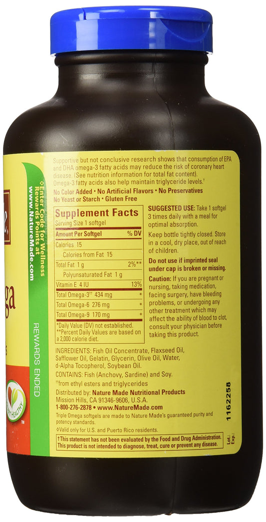Nature Made triple omega 3 6 9 softgel closeup shows easy to swallow capsules