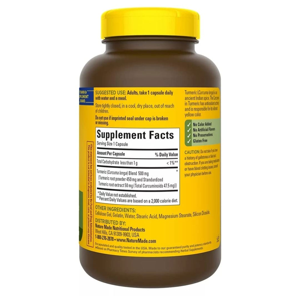 Nature Made Turmeric Curcumin 500 mg label close-up highlights antioxidant focus.