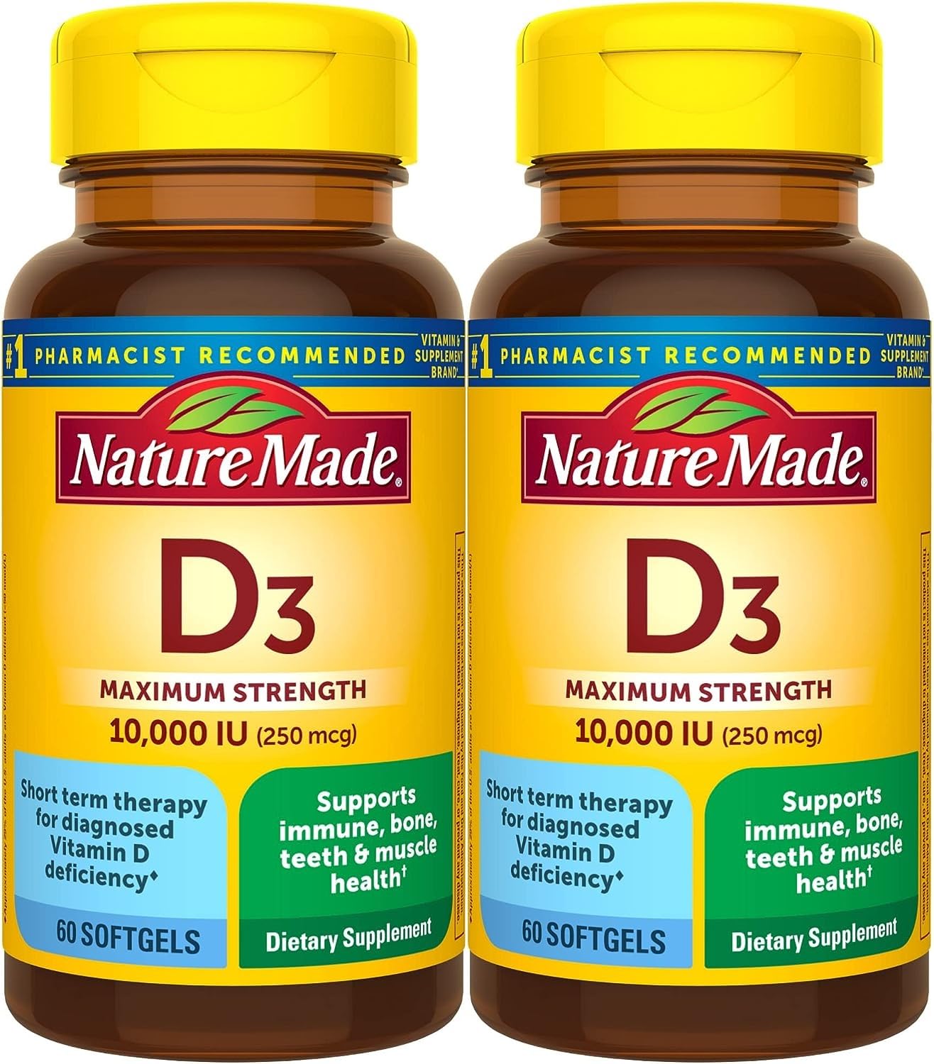 Nature Made Vitamin D3 10000 IU softgels bottle for bone and immune support.