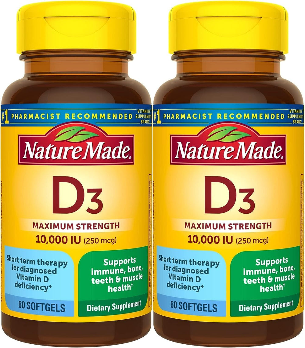 Nature Made Vitamin D3 10000 IU softgels bottle for bone and immune support.