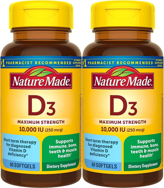 Nature Made Vitamin D3 10000 IU softgels bottle for bone and immune support.