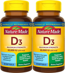 Nature Made Vitamin D3 10000 IU softgels bottle for bone and immune support.