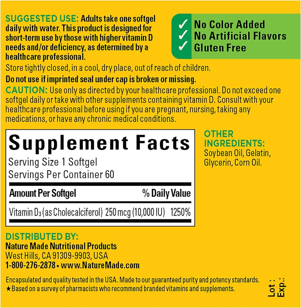 Nature Made Vitamin D3 softgels packaging showcases ready-to-consume daily capsules.