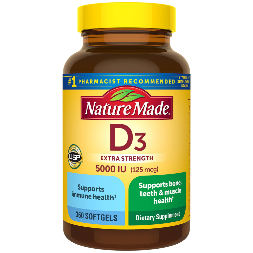 Nature Made Vitamin D3 5000 IU softgels bottle front for daily wellness