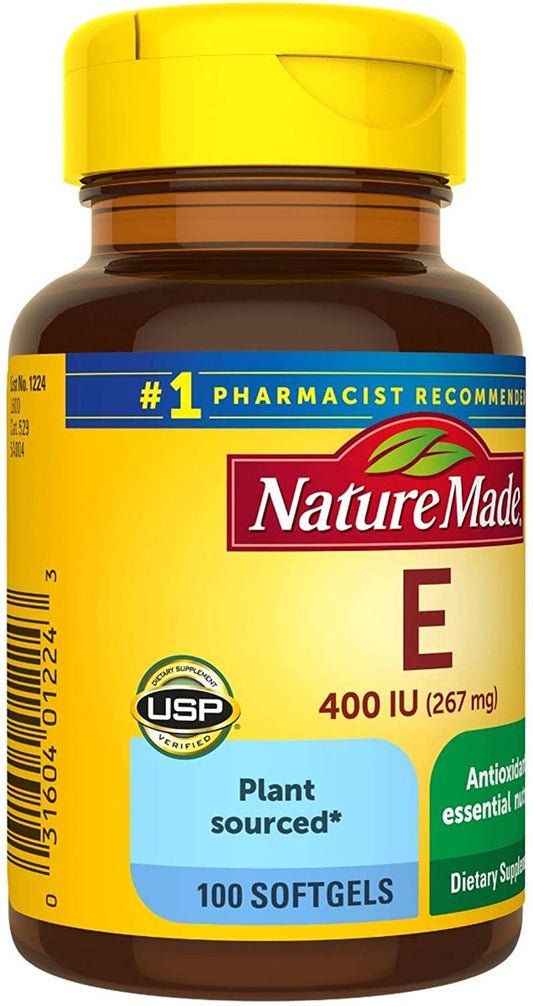 Nature Made Vitamin E 400 IU softgels label close-up showing d-Alpha content.
