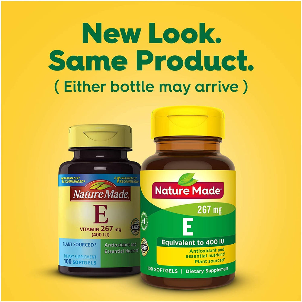 Nature Made Vitamin E supplement facts panel on bottle.