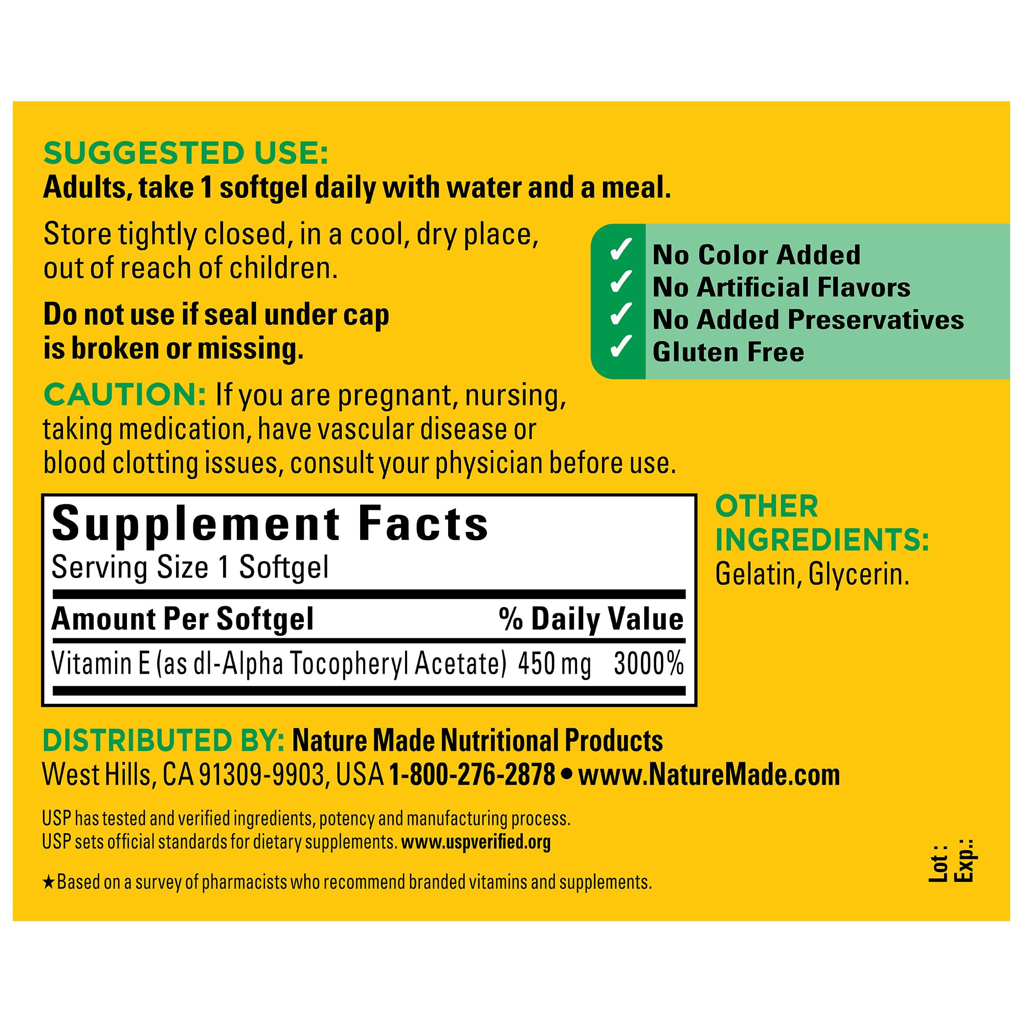 Nature Made Vitamin E label close-up highlighting dl-alpha tocopherol potency