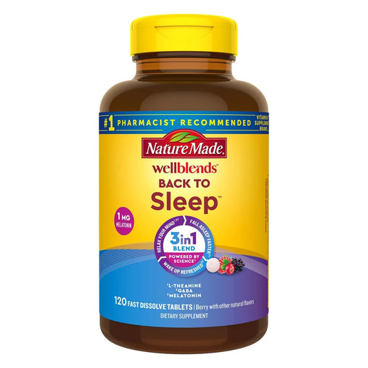 Nature Made Wellblends Back to Sleep fast-dissolve tablets shown for easy nightly use