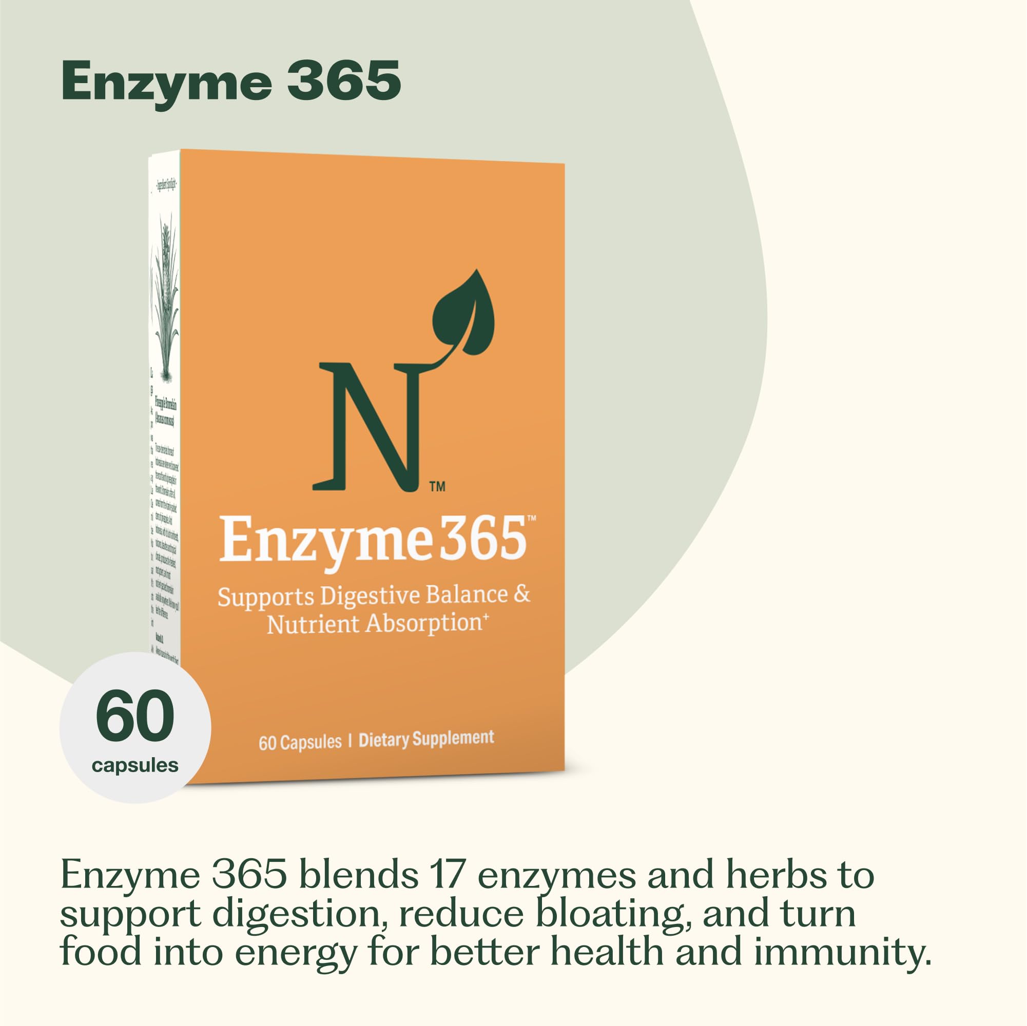 Nature M.D. Enzyme 365 capsules close-up highlighting the 17-enzyme formulation.