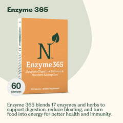Nature M.D. Enzyme 365 capsules close-up highlighting the 17-enzyme formulation.