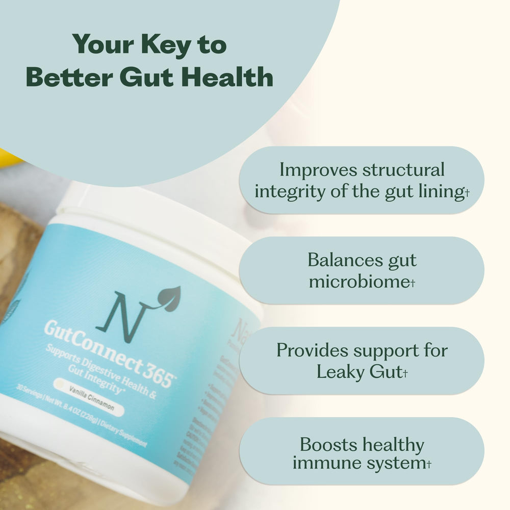 Nature M.D. GutConnect 365 chocolate coconut glass shake showing a tasty daily ritual.
