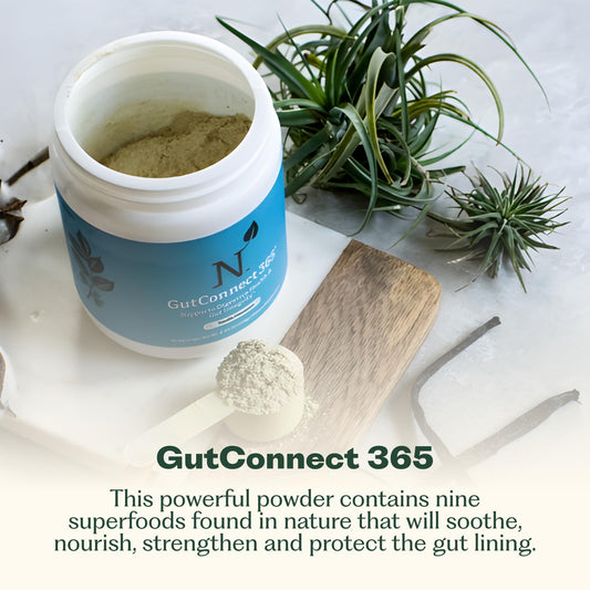 Nature M.D. GutConnect 365 powder scoop highlighting easy, measured servings.