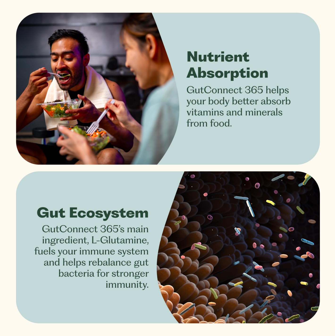Nature M.D. GutConnect 365 label close-up, highlighting non-GMO and soy-free features.