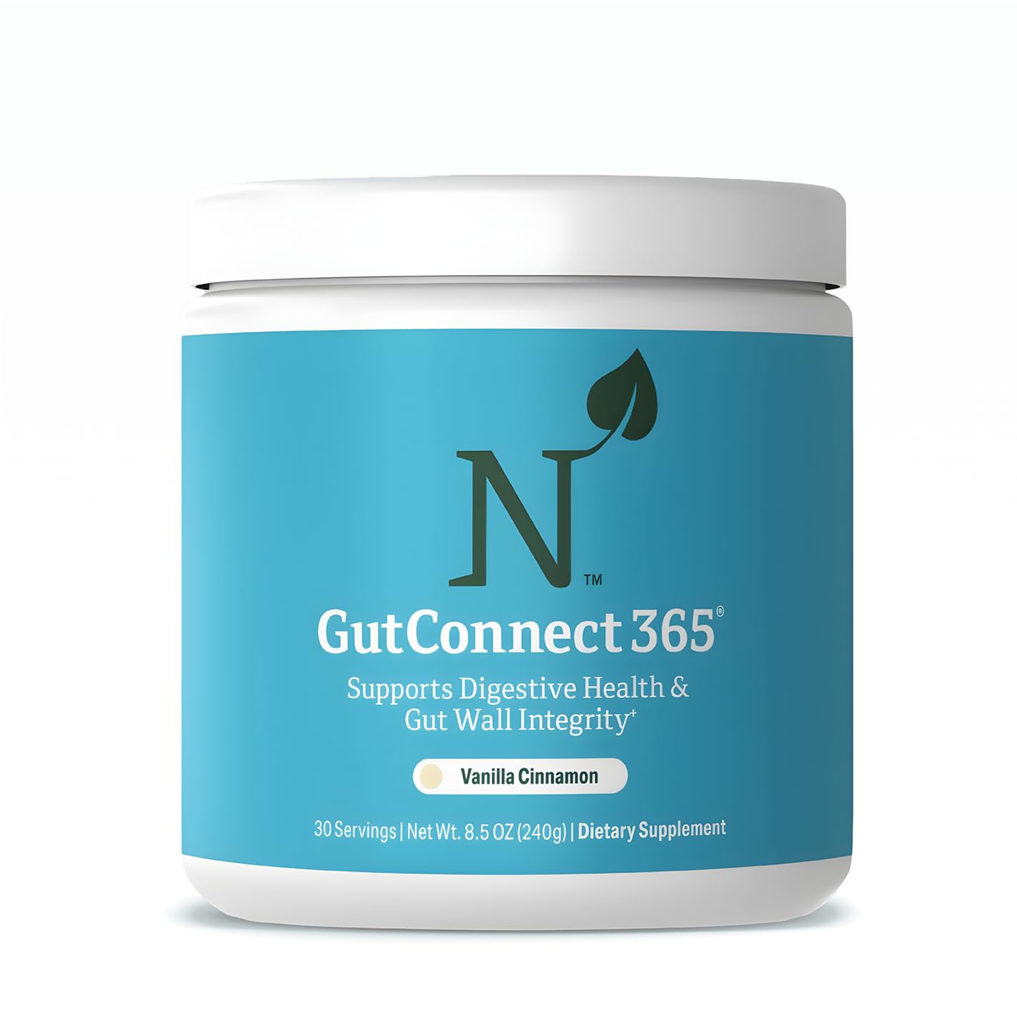 Nature M.D. GutConnect 365 vanilla cinnamon tub, showcasing powder for gut support.