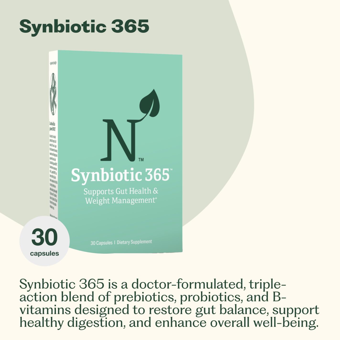 Nature M.D. Synbiotic 365 bottle back with supplement information