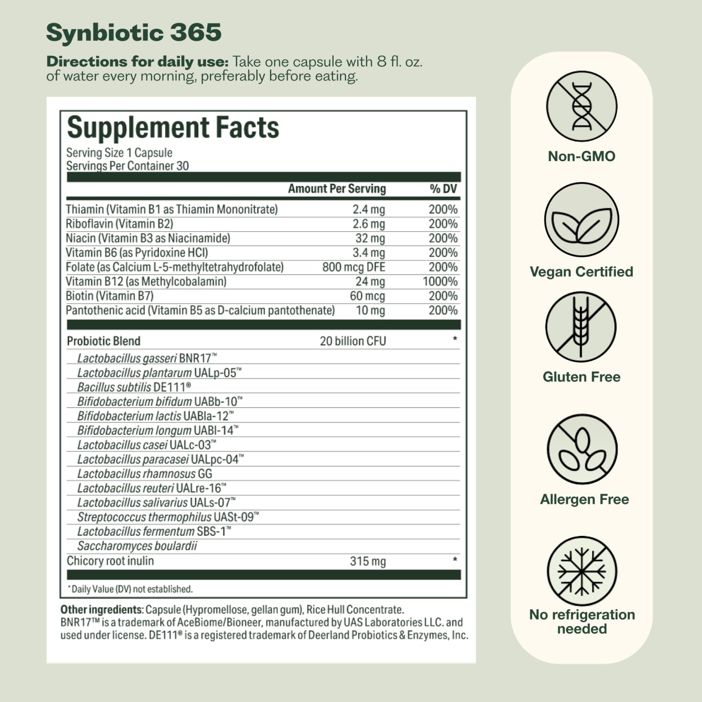 Nature M.D. Synbiotic 365 packaging label emphasizing vegan and non-GMO