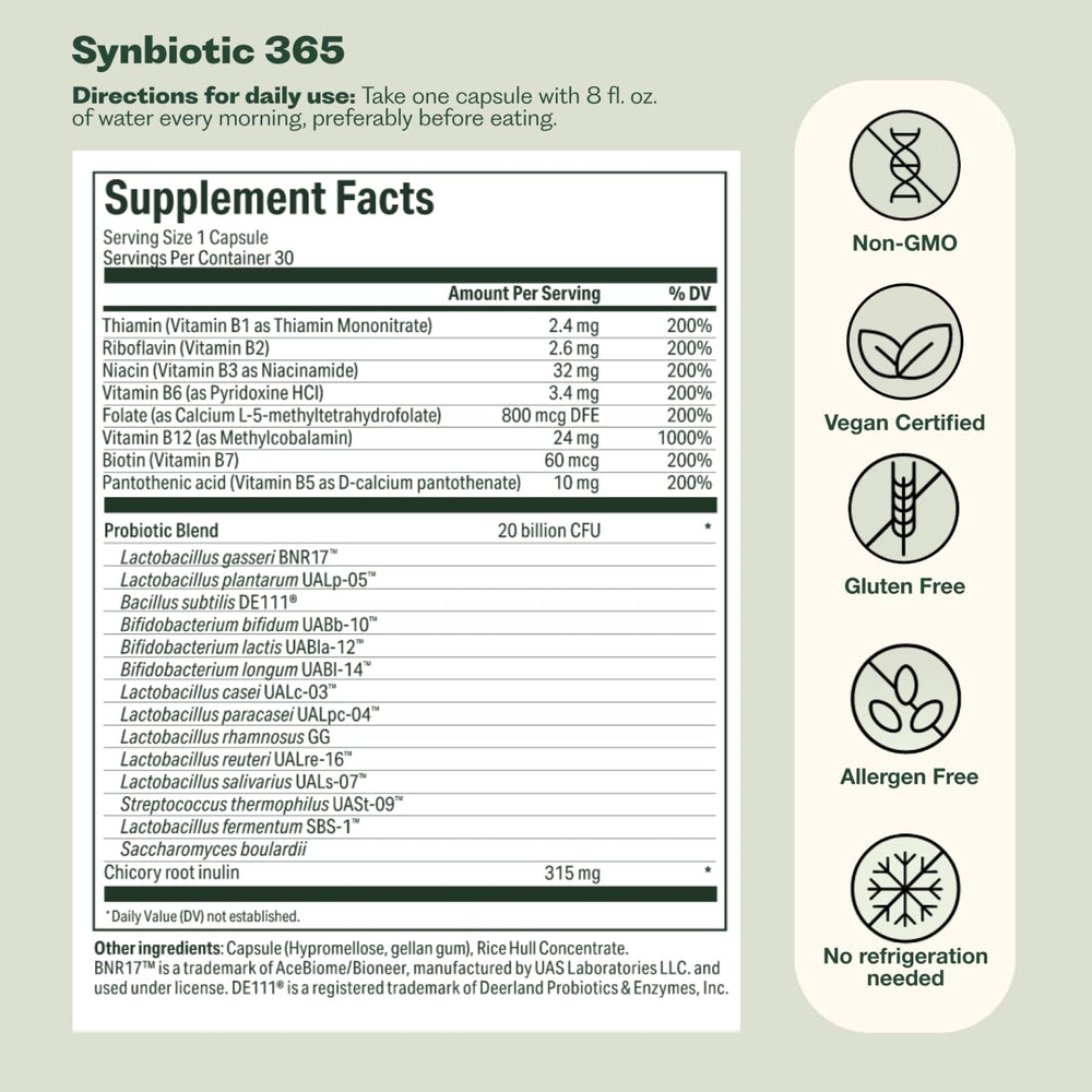 Nature M.D. Synbiotic 365 packaging label emphasizing vegan and non-GMO