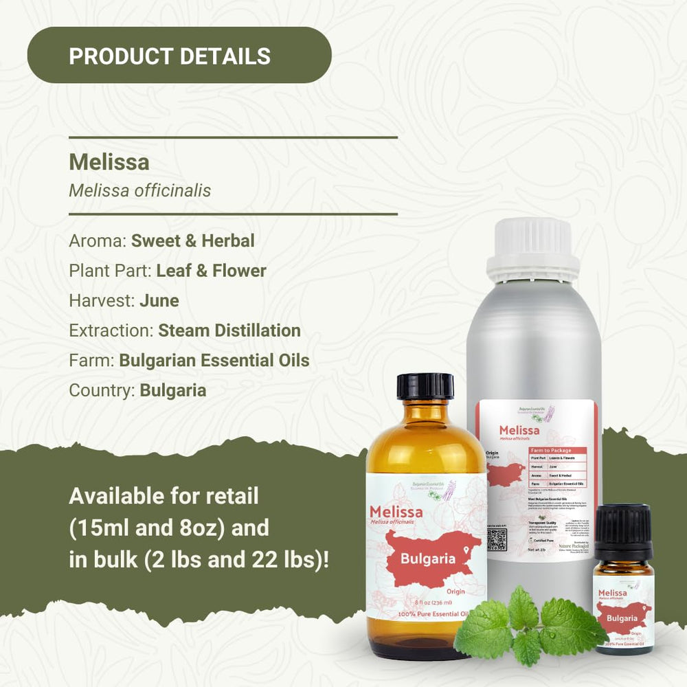 Nature Packaged Melissa essential oil serum bottle for nourishing skin.
