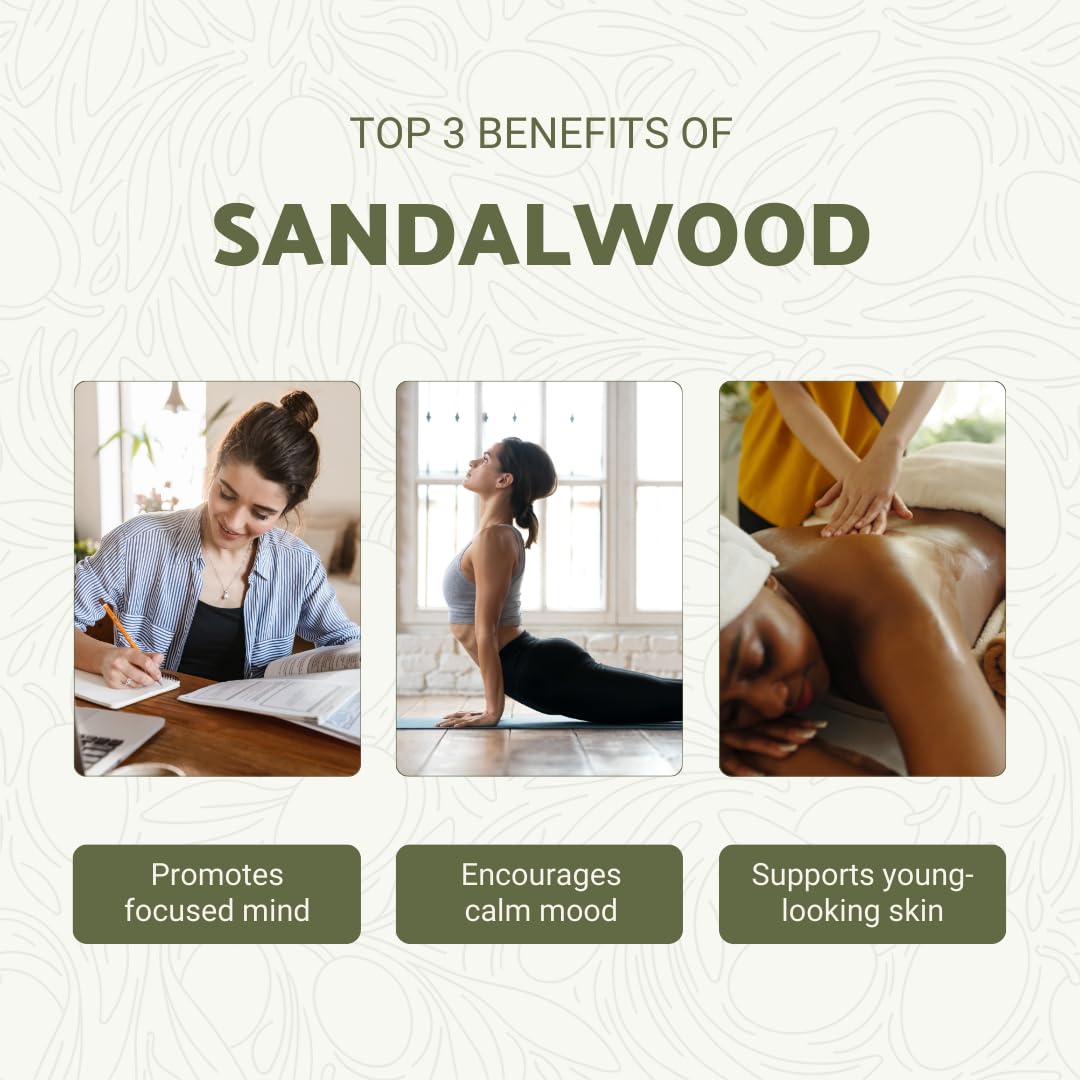 Nature Packaged sandalwood essential oil bottle and wood close-up highlighting premium quality