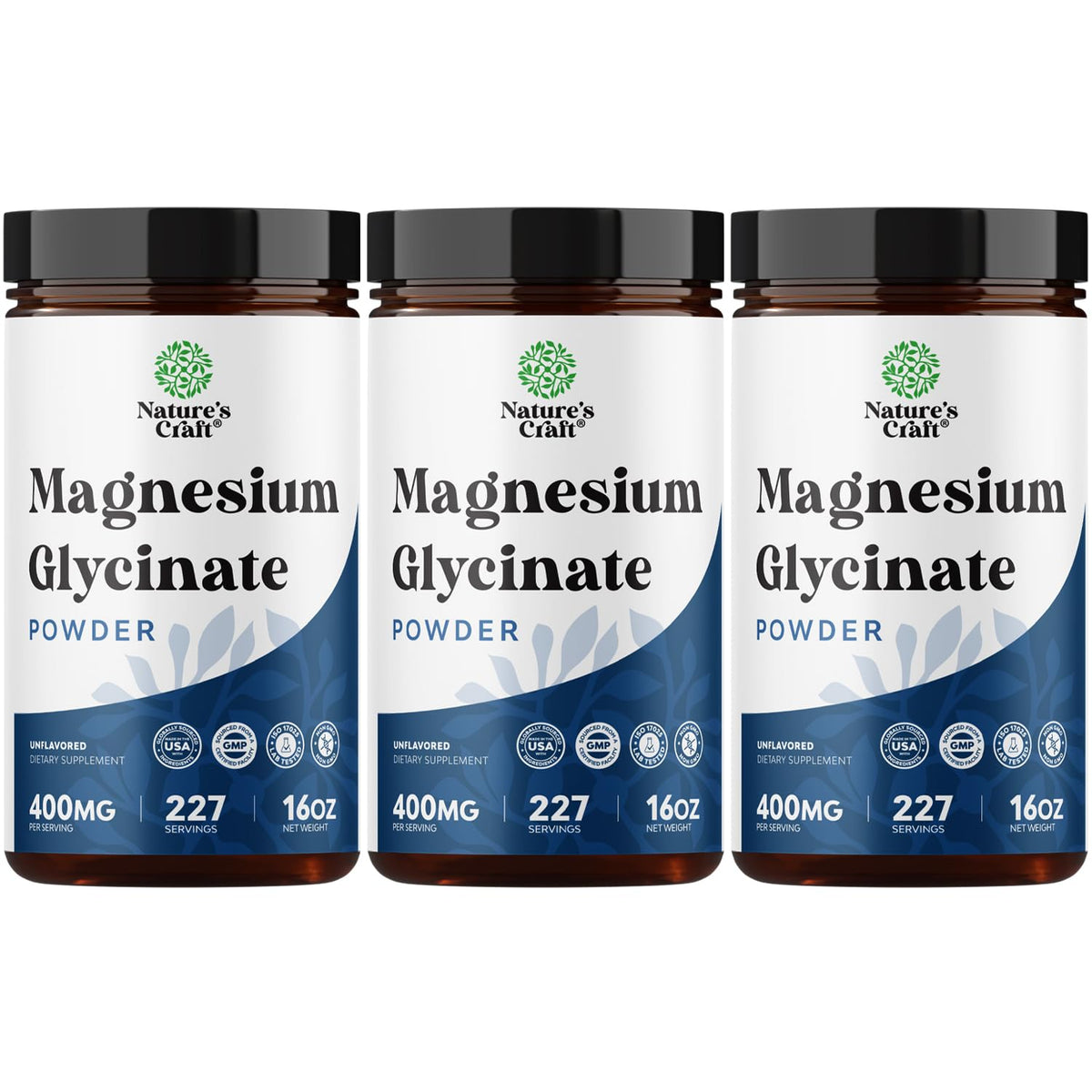 Nature's Craft Potent Magnesium Glycinate Powder bottle angled view for daily calm support.