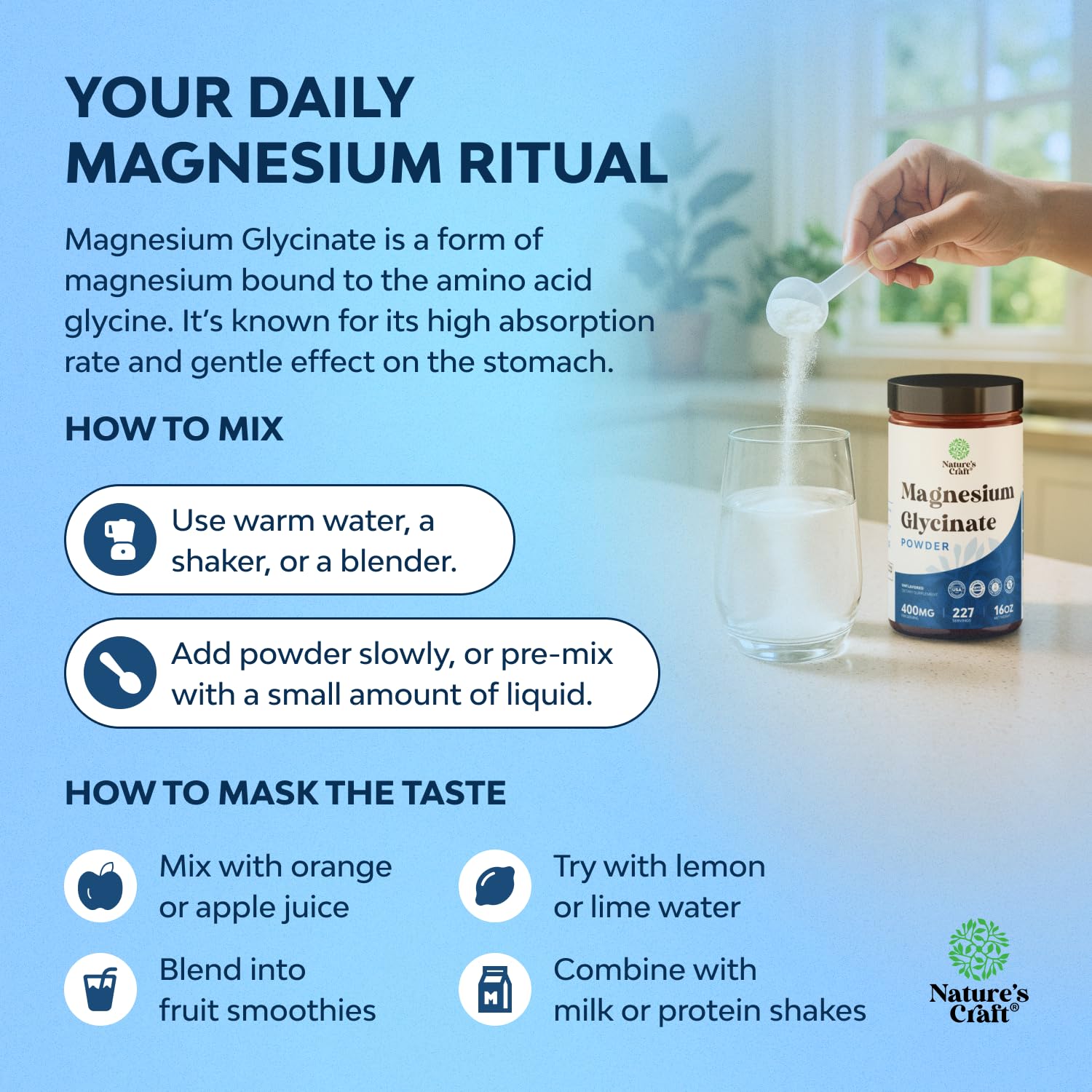 Nature's Craft Potent Magnesium Glycinate Powder calm sleep scene for restful evenings.