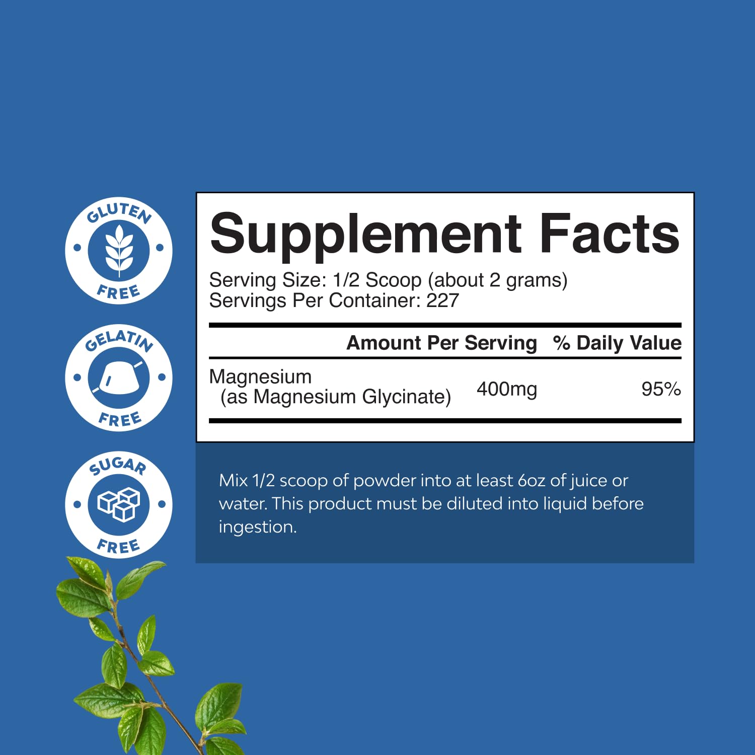 Nature's Craft Potent Magnesium Glycinate Powder label closeup shows high-purity glycinate.