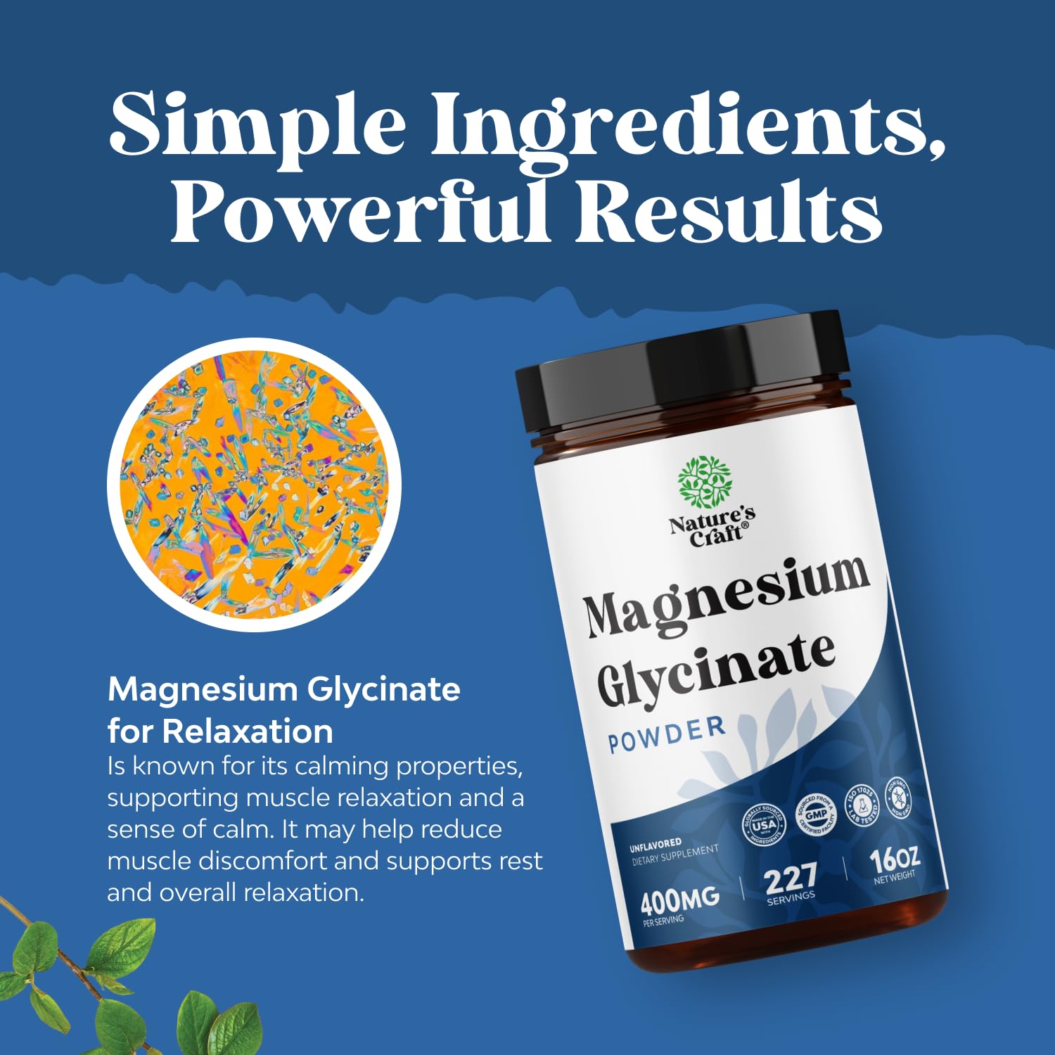 Nature's Craft Potent Magnesium Glycinate Powder made in USA highlights quality control.