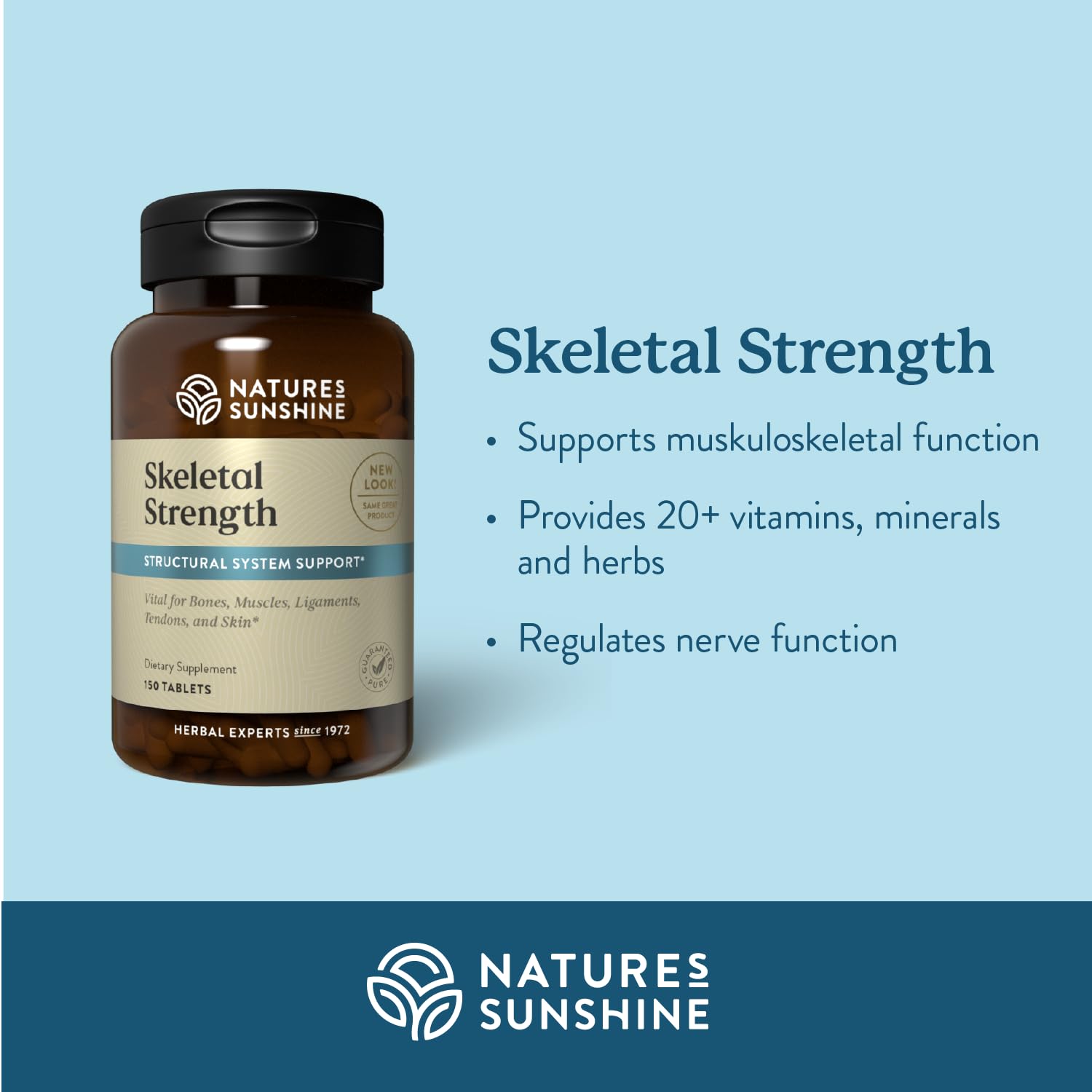 Close-up of Skeletal Strength tablets highlighting calcium-rich formula for bone care