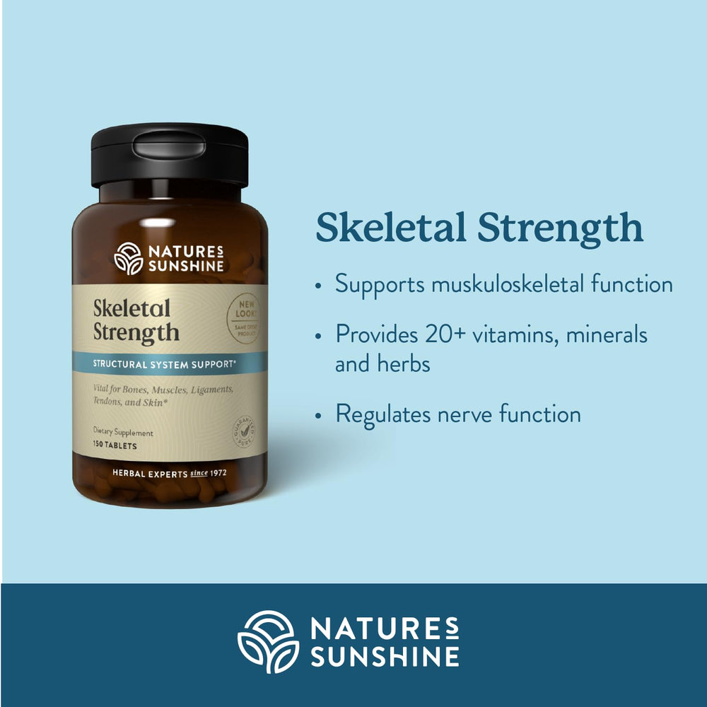 Close-up of Skeletal Strength tablets highlighting calcium-rich formula for bone care