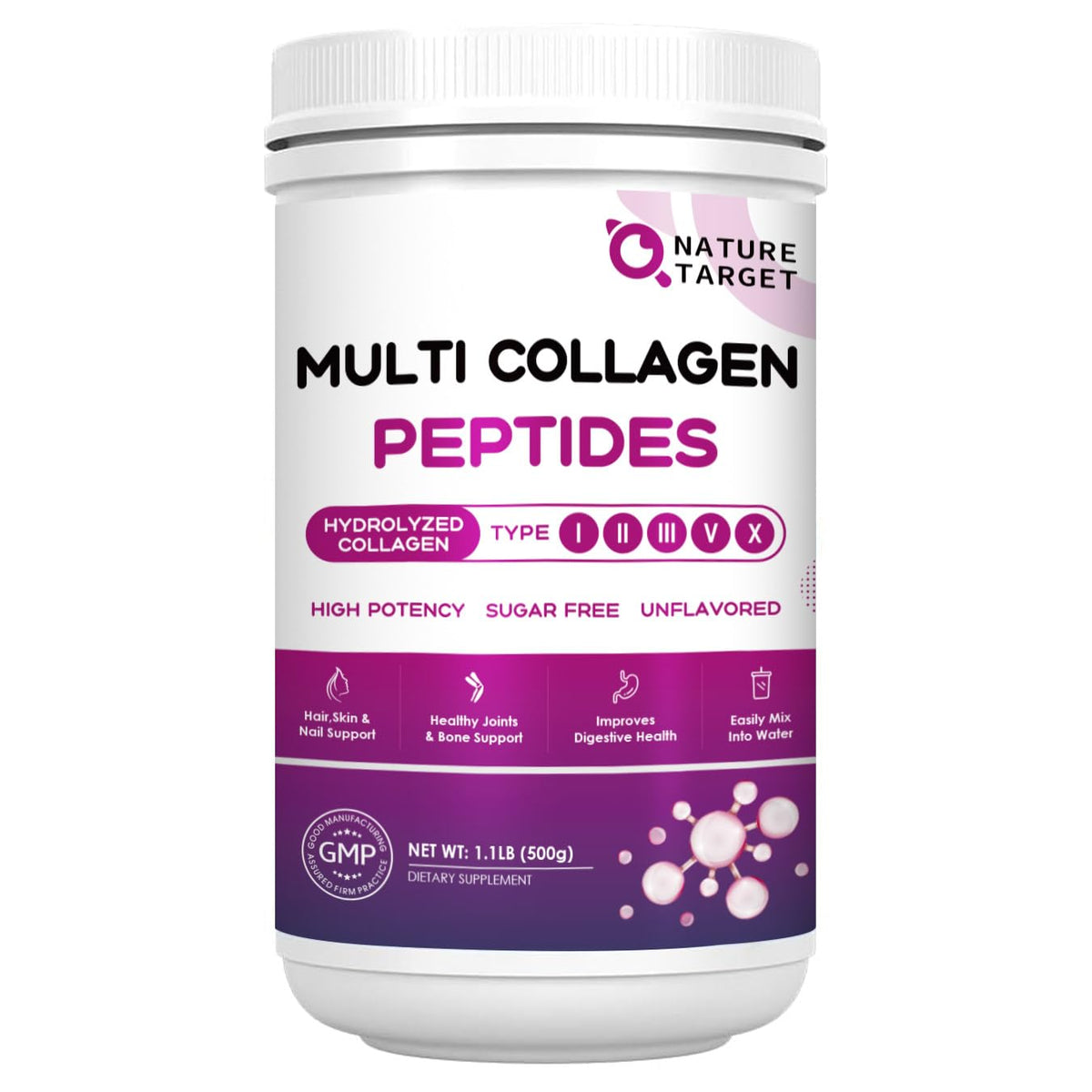 Nature Target Multi Collagen bottle and scoop for easy daily collagen intake and skin support.