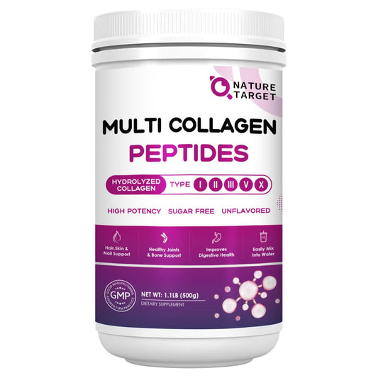 Nature Target Multi Collagen bottle and scoop for easy daily collagen intake and skin support.