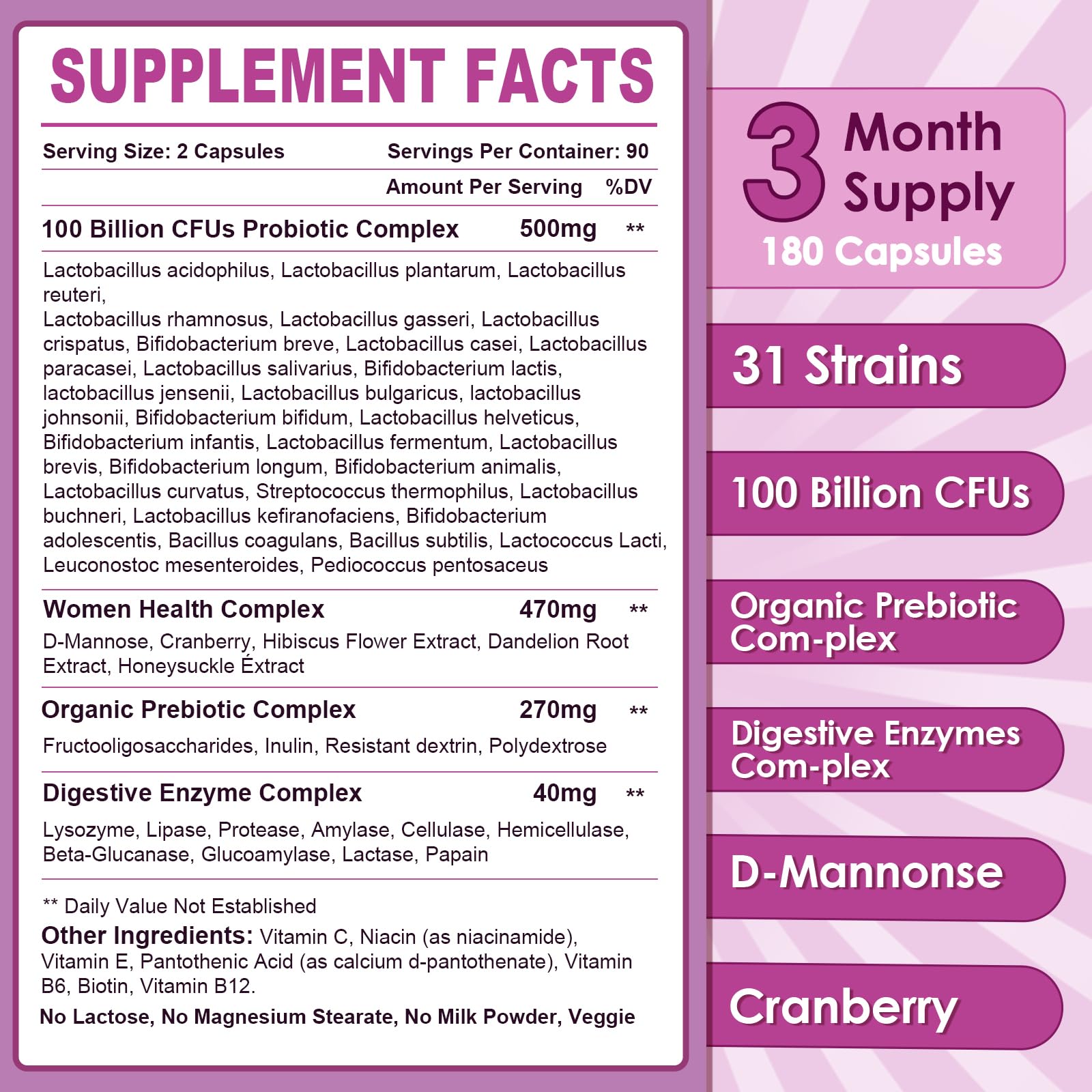 Nature Target Probiotics for Women capsules close-up showing dairy-free, non-GMO formulation