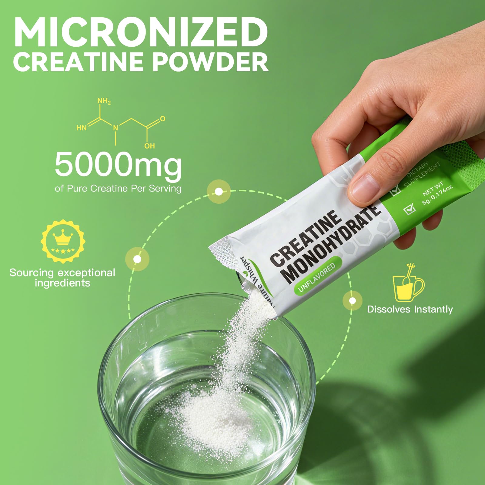 Nature Whisper creatine micronized powder dissolves quickly in water